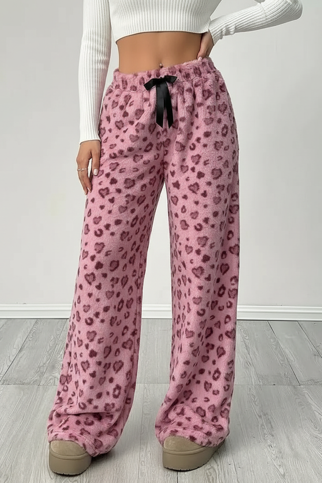 Pantalon Velours Rose Léopard Coeurs Ample Femme