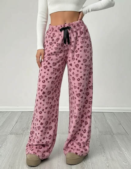 Pantalon Velours Rose Léopard Coeurs Ample Femme