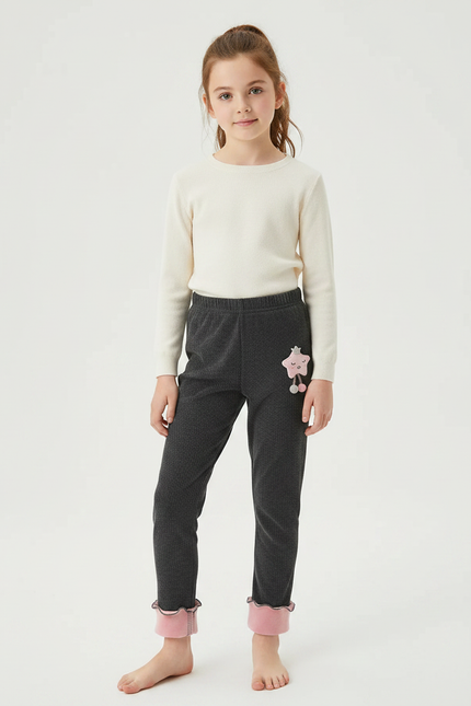 Pantalon Velours Gris Épais Doublé Rose Fille