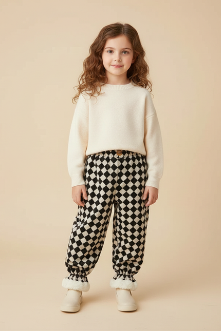 Pantalon Velours Imprimé Carreaux Doublé Polaire Enfant