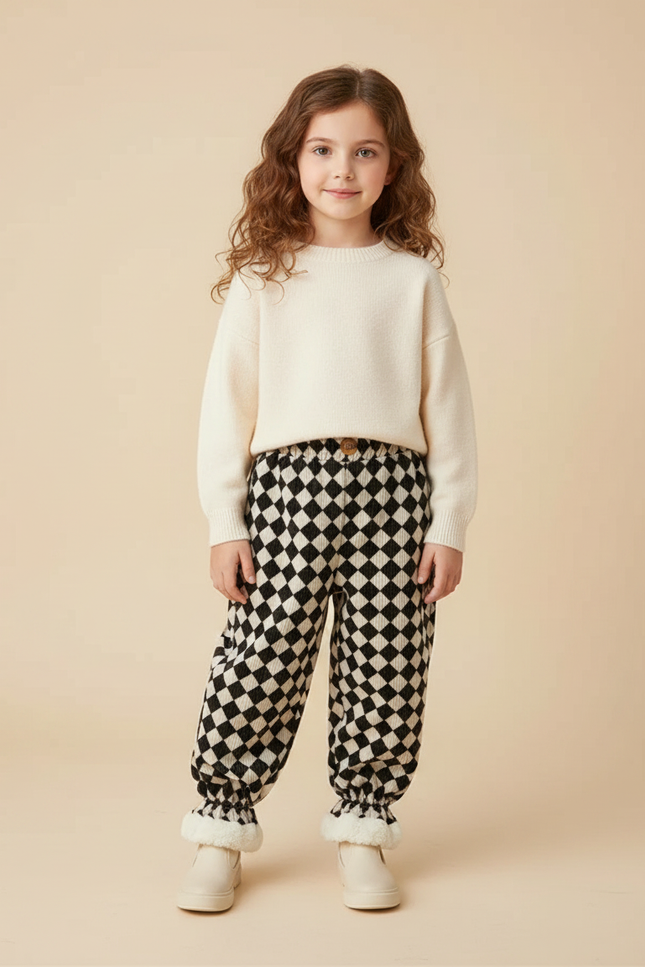 Pantalon Velours Imprimé Carreaux Doublé Polaire Enfant