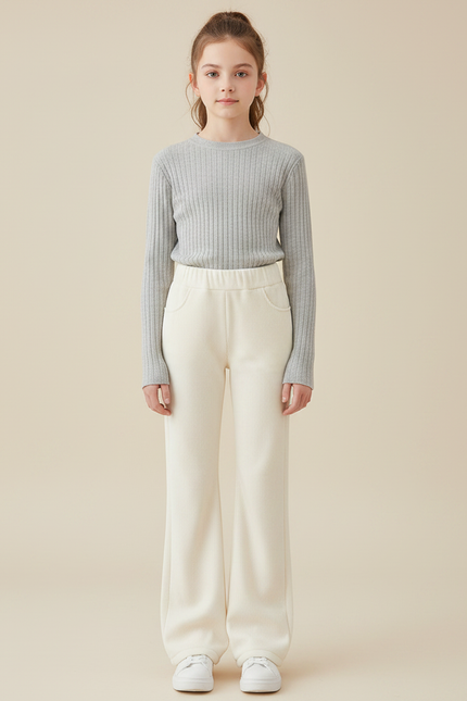 Pantalon Velours Crème Côtelé Évasé Confortable Fille - Beige Cordé