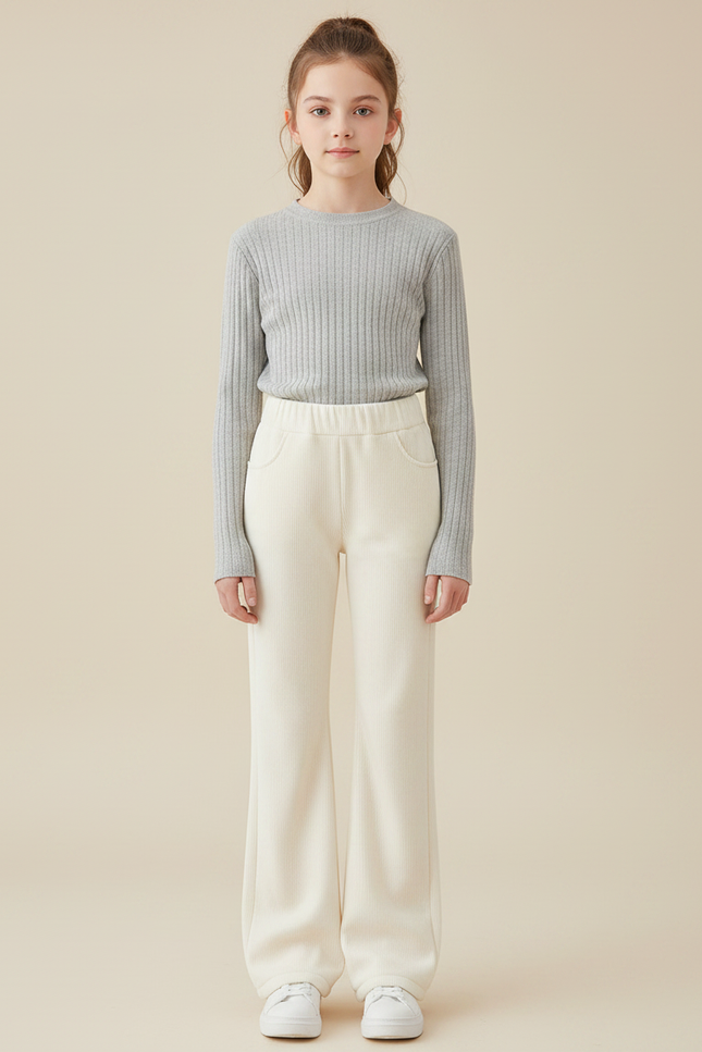 Pantalon Velours Crème Côtelé Évasé Confortable Fille - Beige Cordé