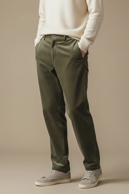 Pantalon Velours Côtelé Vert Droit Homme Élégant - Kaki
