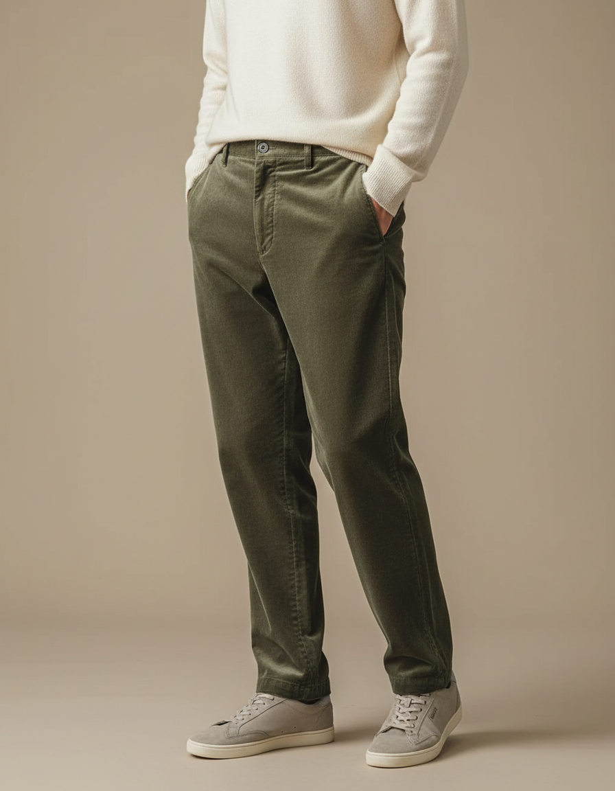 Pantalon Velours Côtelé Vert Droit Homme Élégant - Kaki