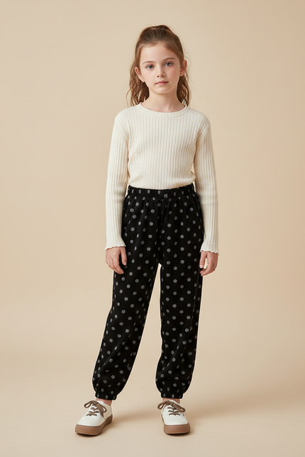 Pantalon Velours Noir Imprimé Pois Ample Fille