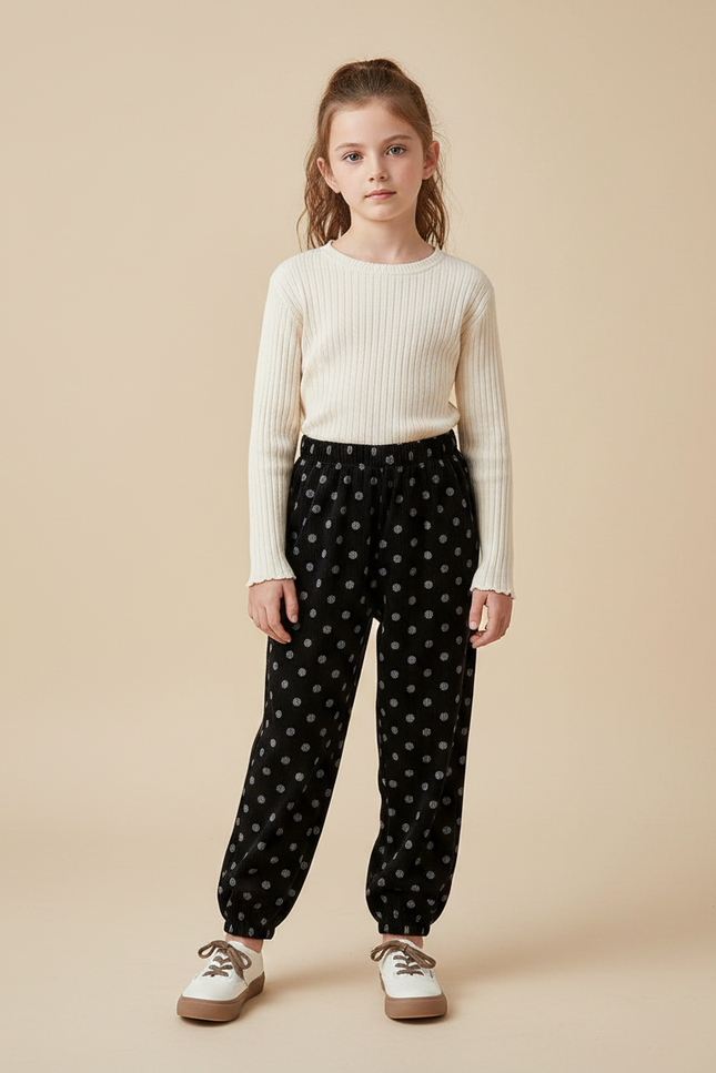Pantalon Velours Noir Imprimé Pois Ample Fille