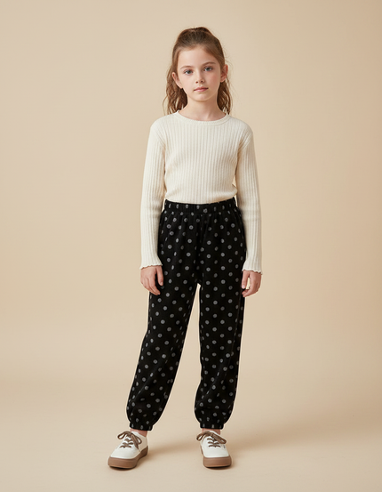 Pantalon Velours Noir Imprimé Pois Ample Fille