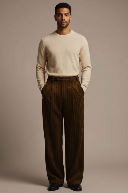 Pantalon Velours Marron Rayé Ample Élégant Homme