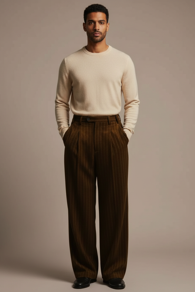 Pantalon Velours Marron Rayé Ample Élégant Homme