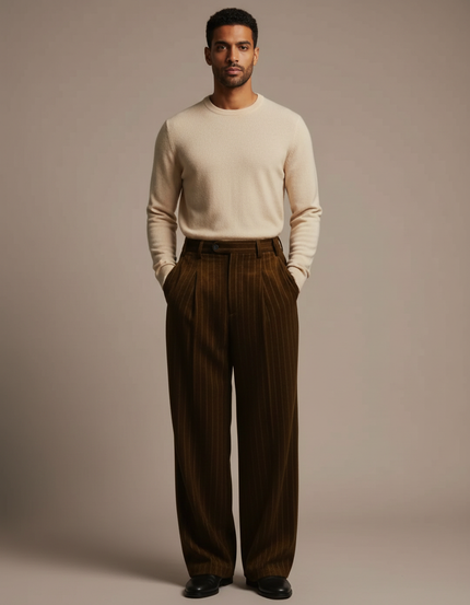 Pantalon Velours Marron Rayé Ample Élégant Homme