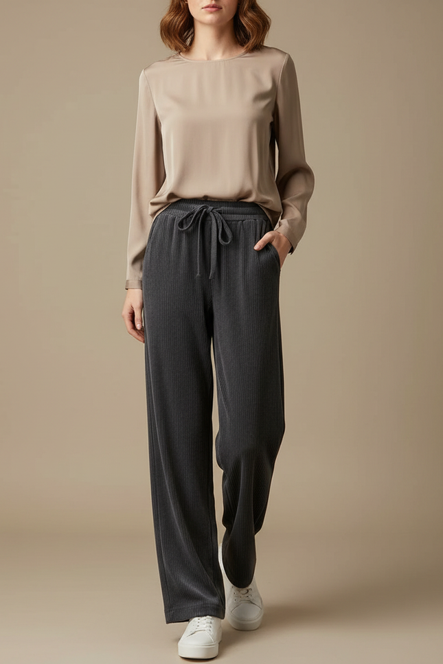 Pantalon Velours Gris Côtelé Large Décontracté Cordon - Cordé