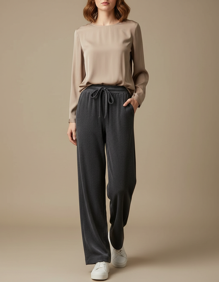 Pantalon Velours Gris Côtelé Large Décontracté Cordon - Cordé