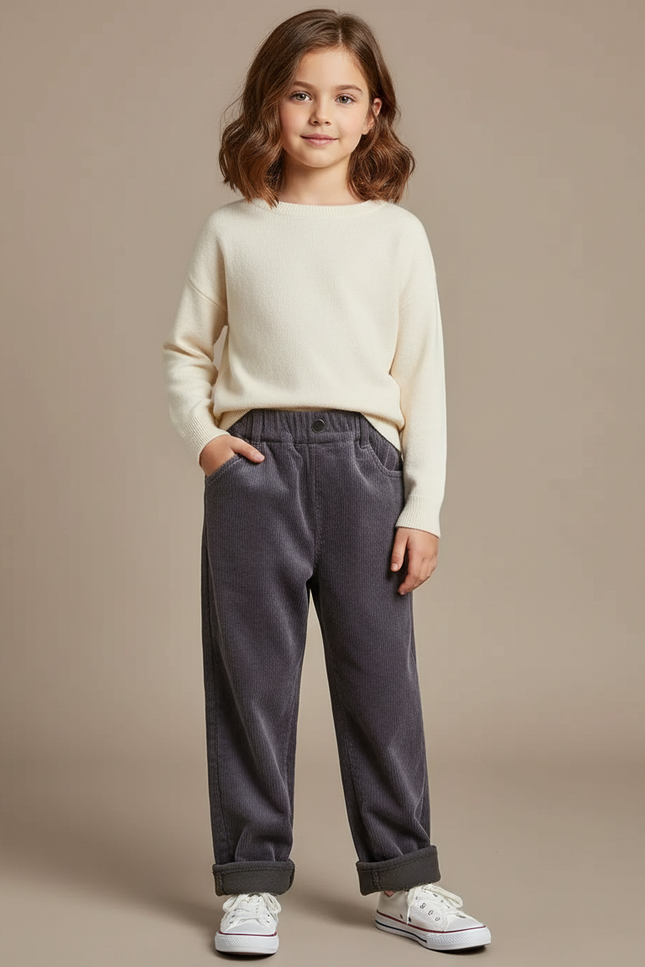 Pantalon Velours Côtelé Gris Ample Doublé Élastique Enfant - Cordé