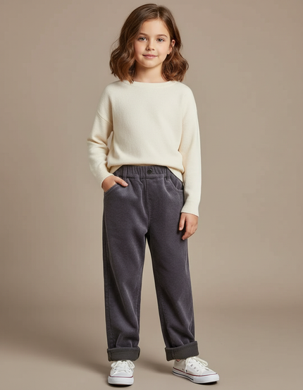 Pantalon Velours Côtelé Gris Ample Doublé Élastique Enfant - Cordé
