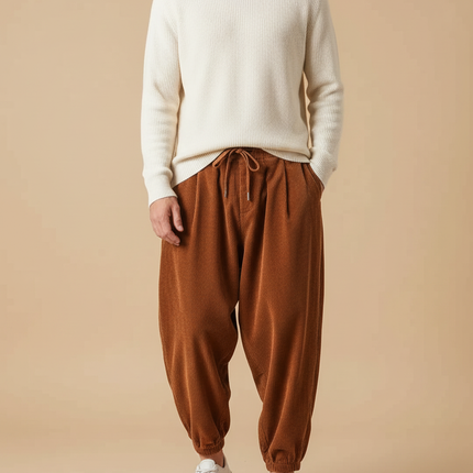 Pantalon Velours Côtelé Ample Marron Décontracté Homme - Cordé