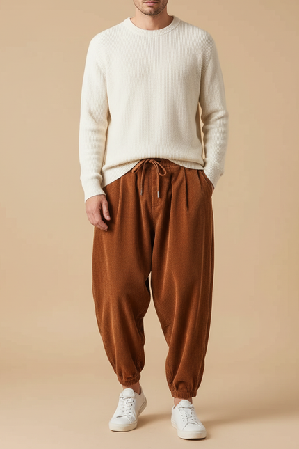 Pantalon Velours Côtelé Ample Marron Décontracté Homme - Cordé