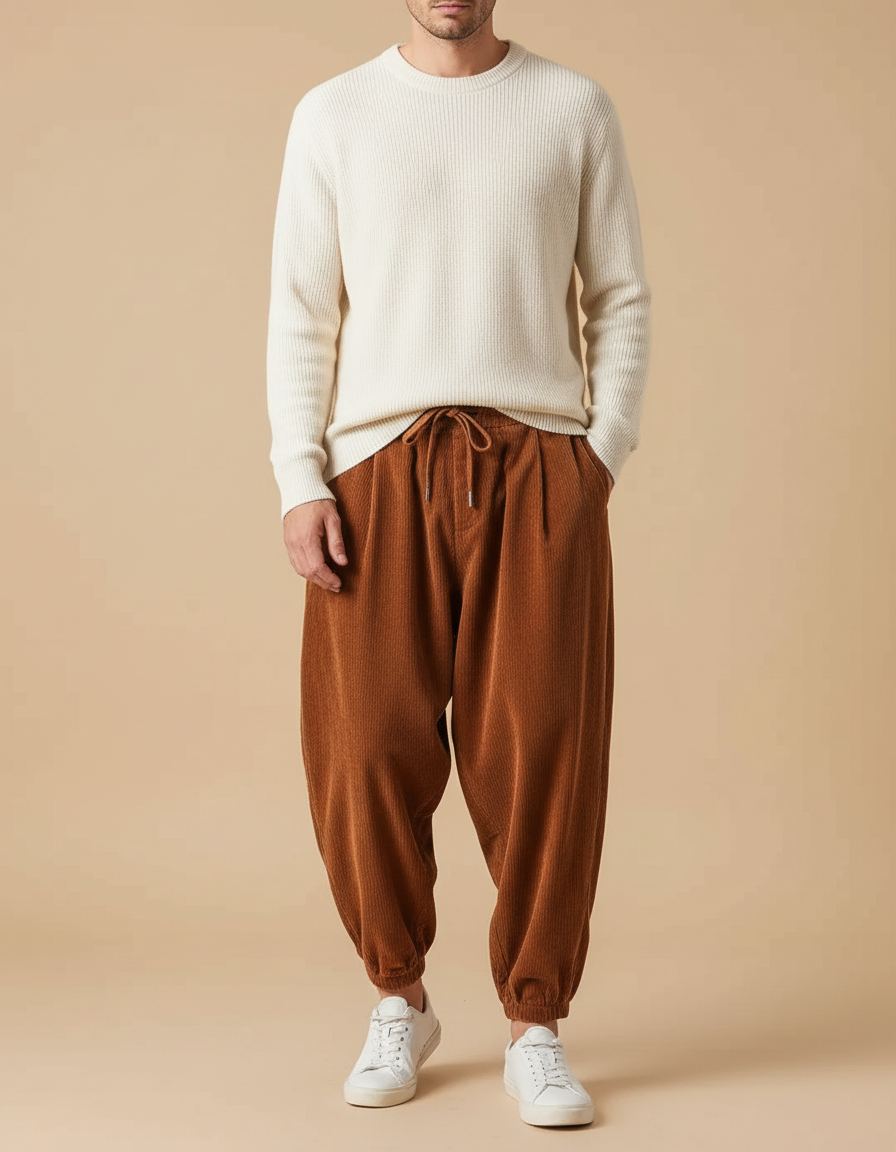 Pantalon Velours Côtelé Ample Marron Décontracté Homme - Cordé