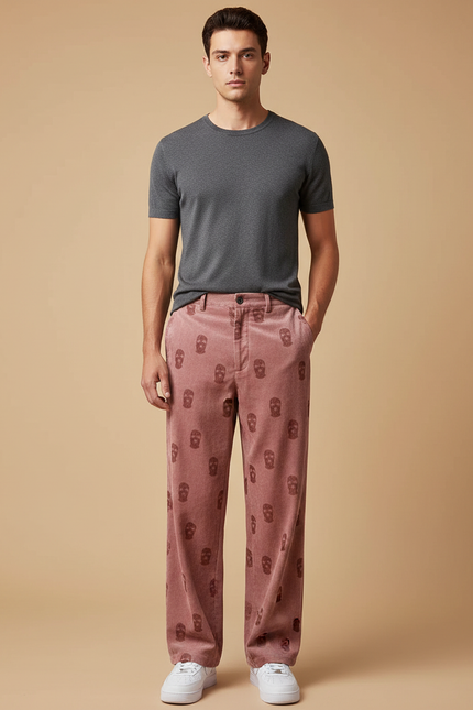Pantalon Velours Rose Côtelé Skulls Ample Homme