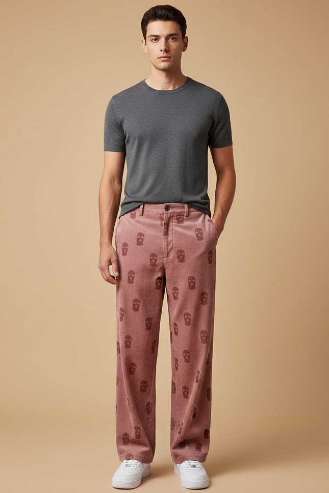 Pantalon Velours Rose Côtelé Skulls Ample Homme