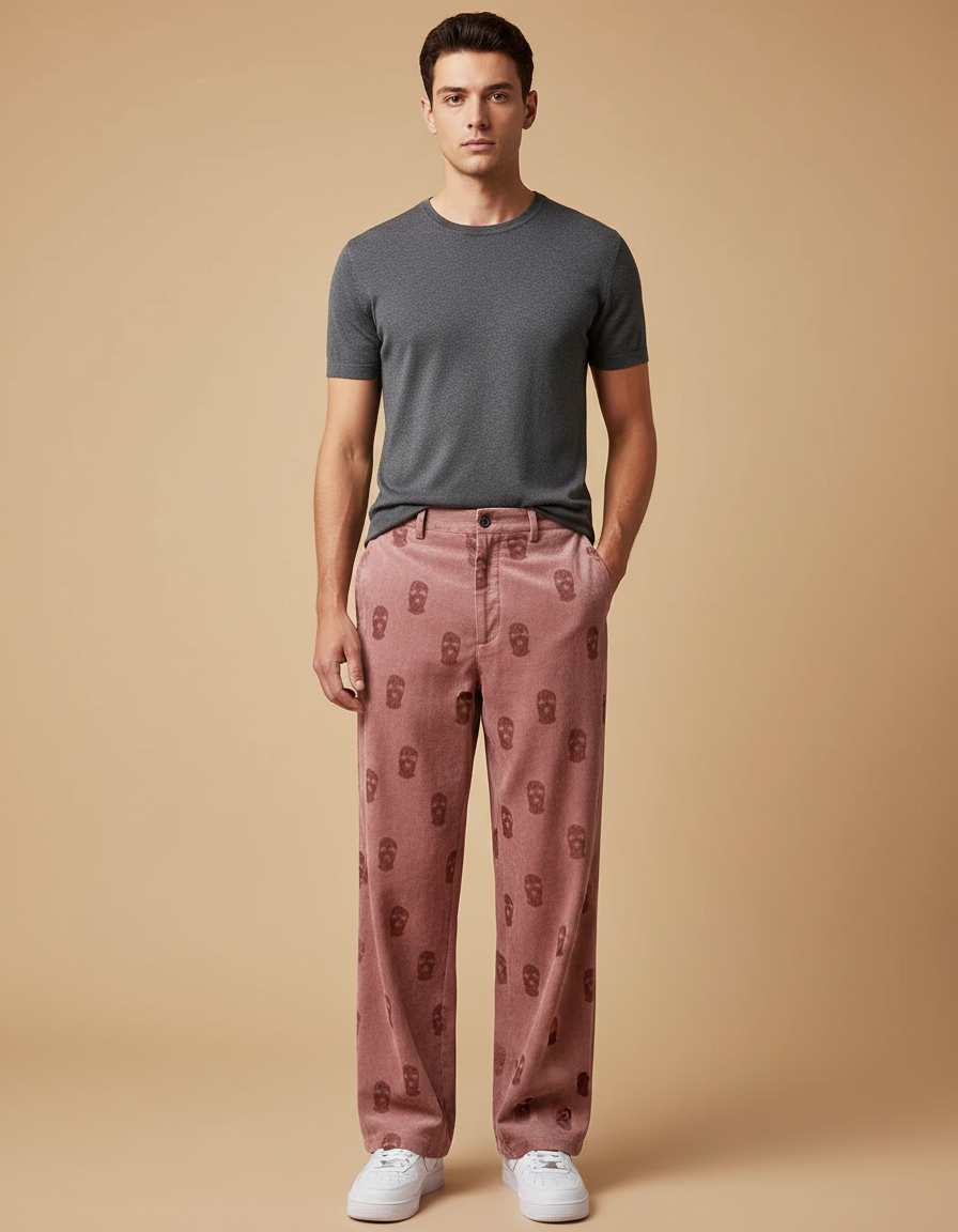 Pantalon Velours Rose Côtelé Skulls Ample Homme