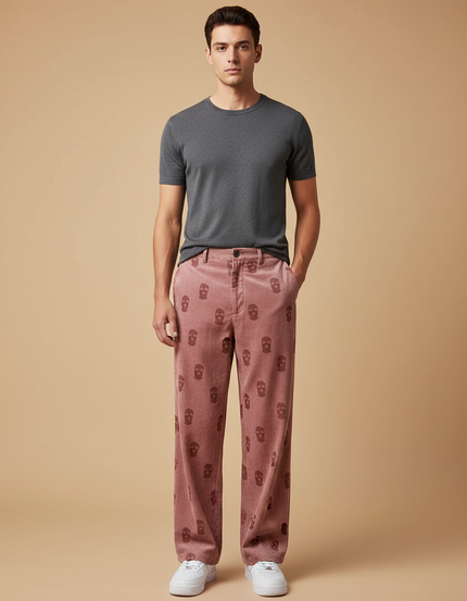 Pantalon Velours Rose Côtelé Skulls Ample Homme