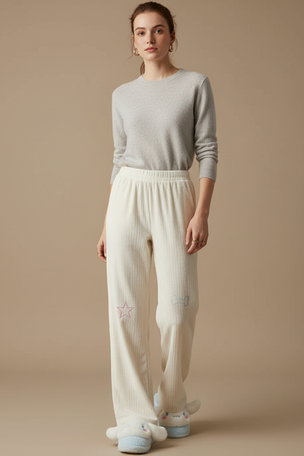 Pantalon Velours Écru Côtelé Ample Brodé Décontracté - Beige Cordé