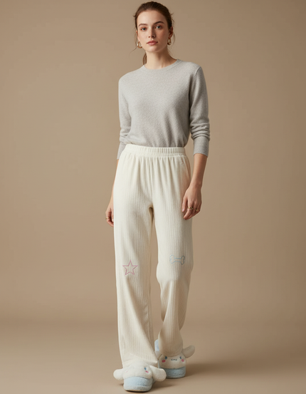 Pantalon Velours Écru Côtelé Ample Brodé Décontracté - Beige Cordé