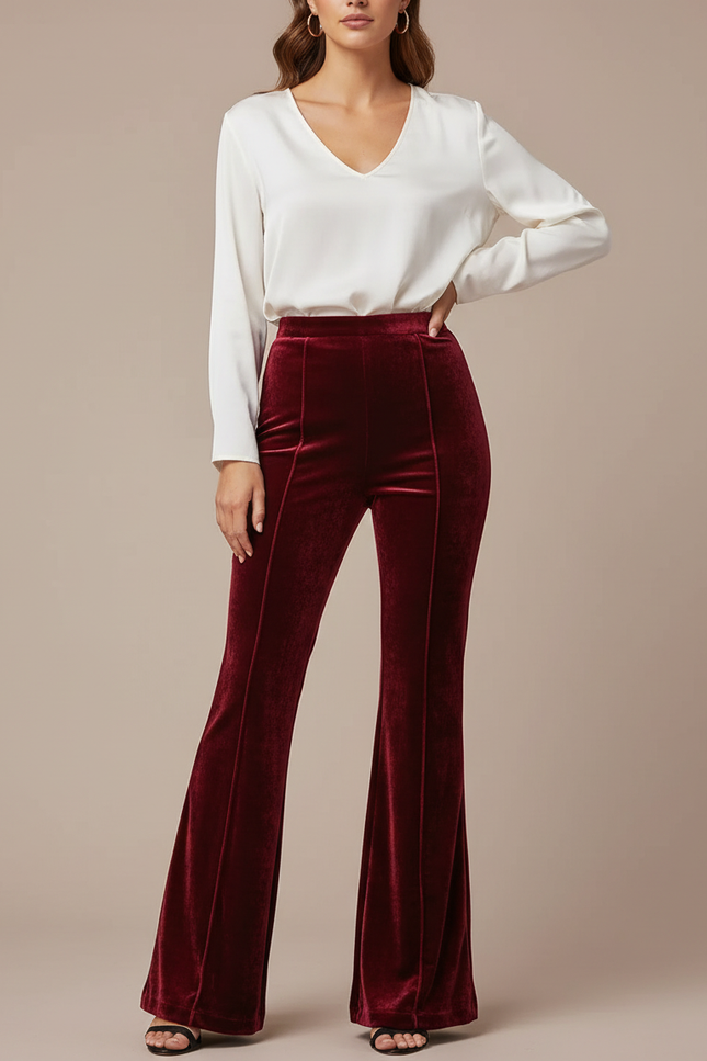 Pantalon Velours Rouge Bordeau Évasé Taille Haute Élégant - Bordeaux