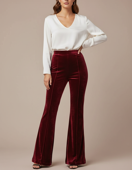 Pantalon Velours Rouge Bordeau Évasé Taille Haute Élégant - Bordeaux