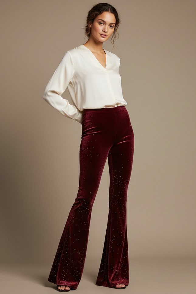 Pantalon Velours Bordeaux Évasé Pailleté Élégant Femme