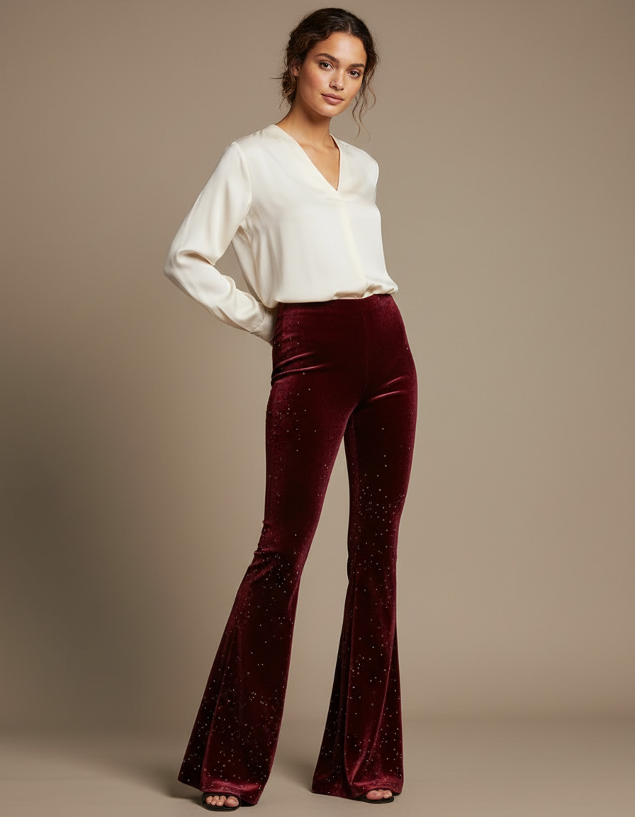 Pantalon Velours Bordeaux Évasé Pailleté Élégant Femme