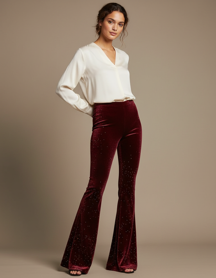 Pantalon Velours Bordeaux Évasé Pailleté Élégant Femme