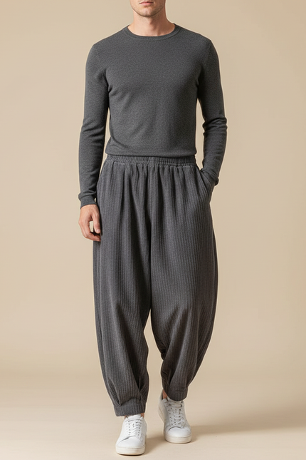 Pantalon Velours Gris Côtelé Ample Décontracté Homme - Cordé