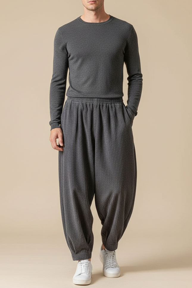 Pantalon Velours Gris Côtelé Ample Décontracté Homme - Cordé