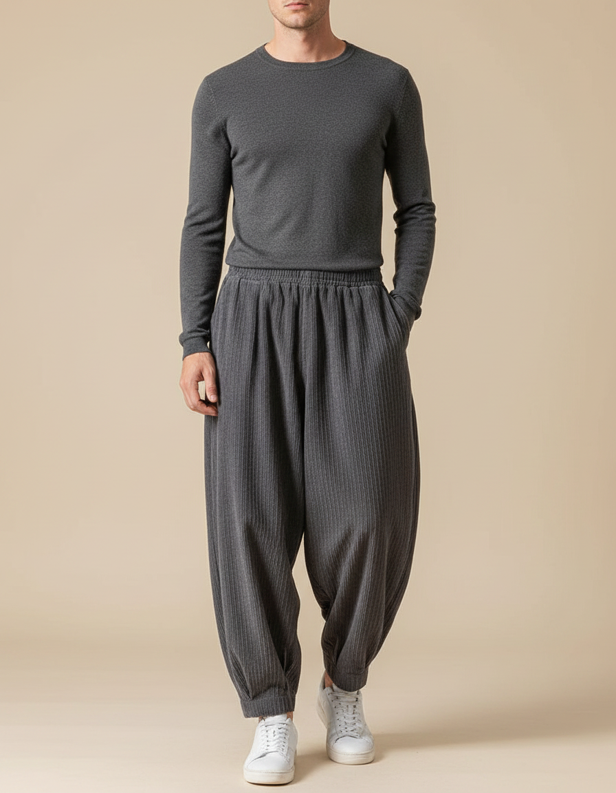 Pantalon Velours Gris Côtelé Ample Décontracté Homme - Cordé