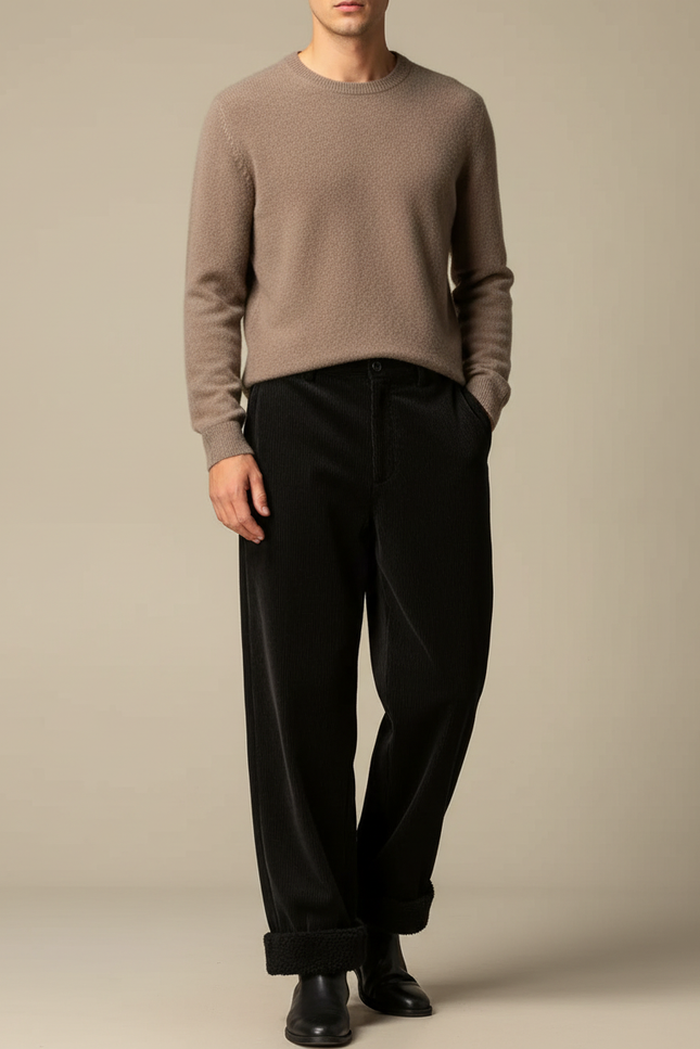 Pantalon Velours Noir Côtelé Ample Doublé Chaud Homme