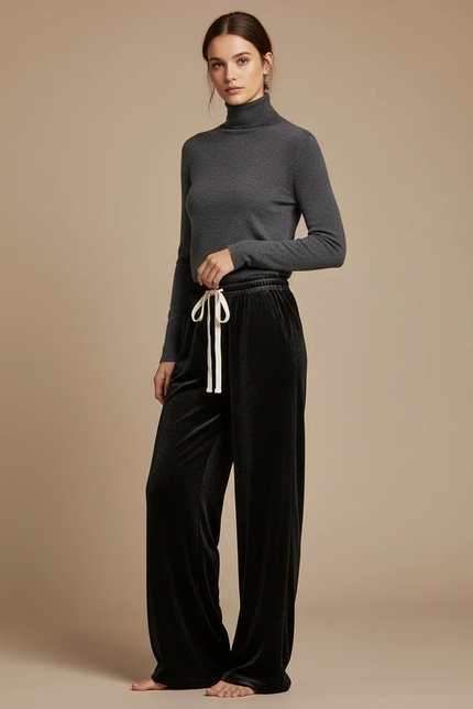 Pantalon Velours Noir Ample Cordon Décontracté Fluide