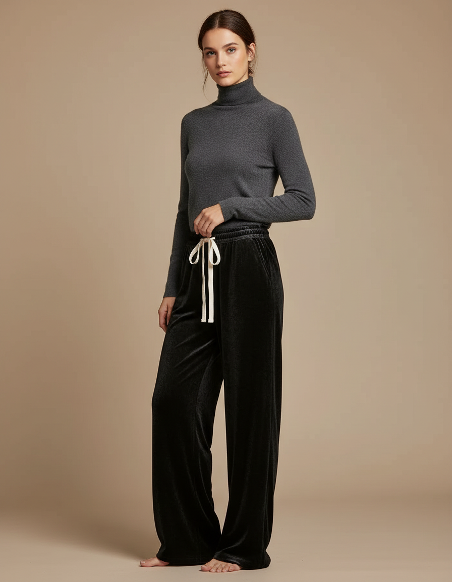 Pantalon Velours Noir Ample Cordon Décontracté Fluide
