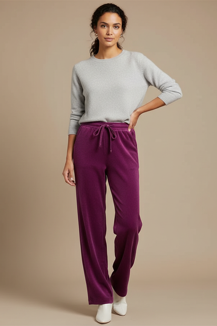 Pantalon Velours Violet Côtelé Droit Cordon Femme - Cordé