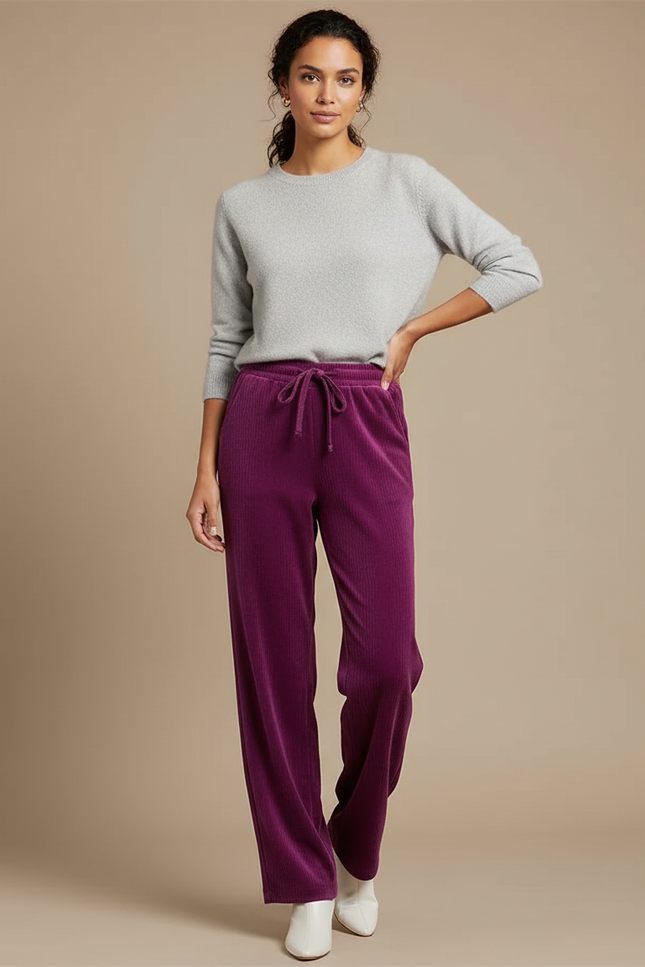 Pantalon Velours Violet Côtelé Droit Cordon Femme - Cordé