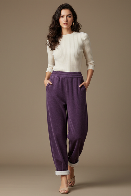 Pantalon Velours Violet Ample Doublé Polaire Décontracté