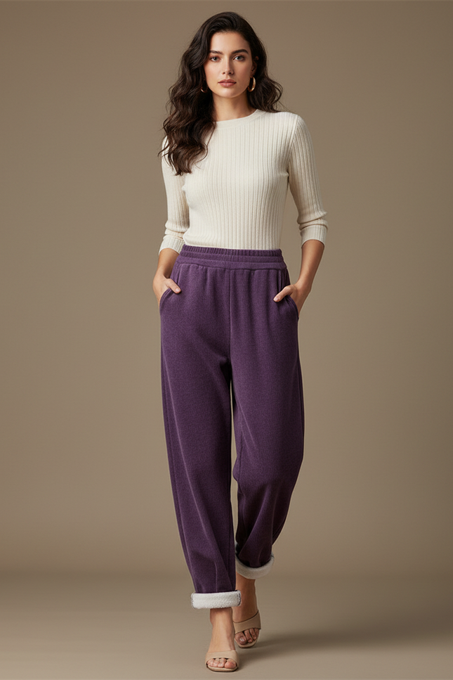 Pantalon Velours Violet Ample Doublé Polaire Décontracté