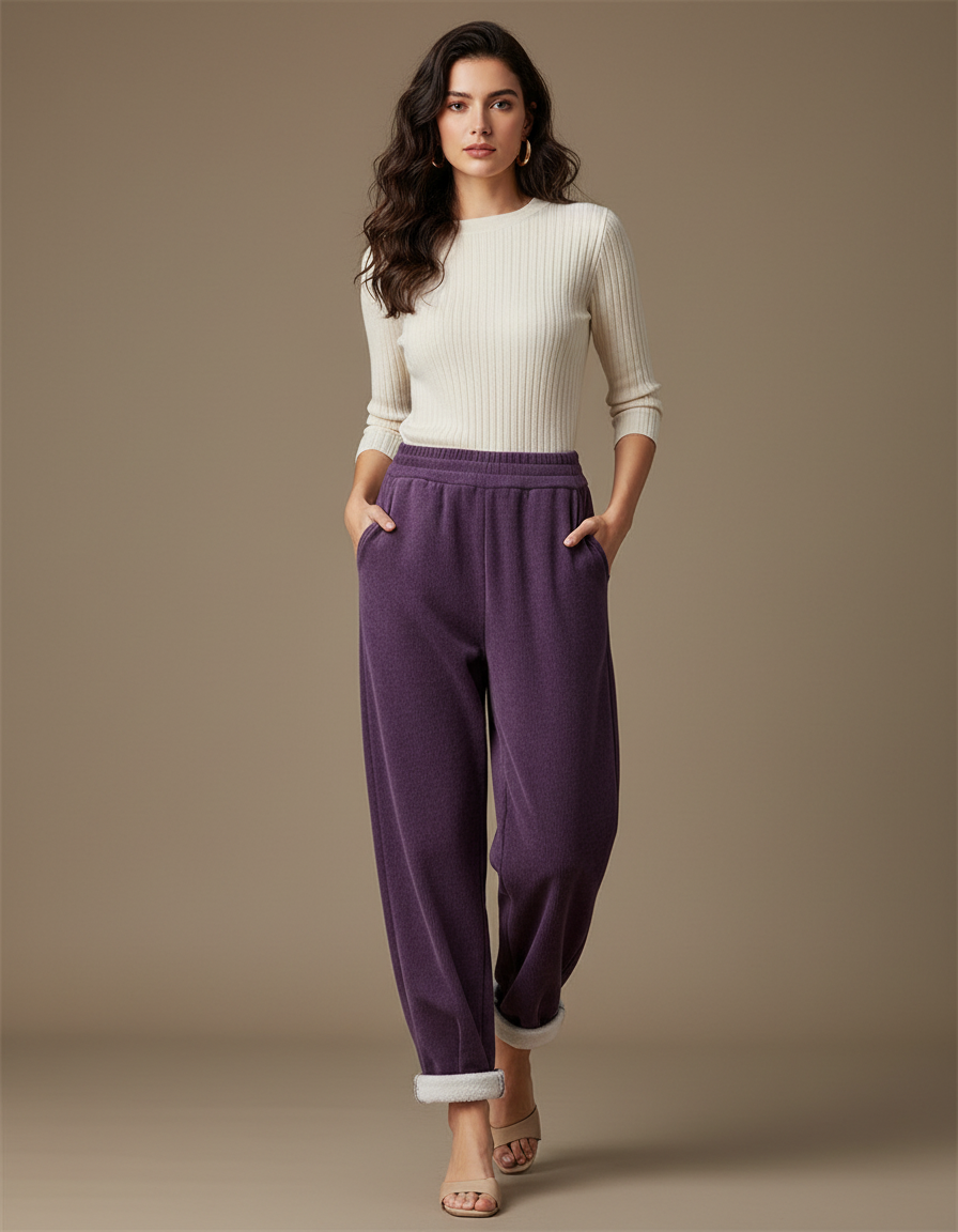 Pantalon Velours Violet Ample Doublé Polaire Décontracté
