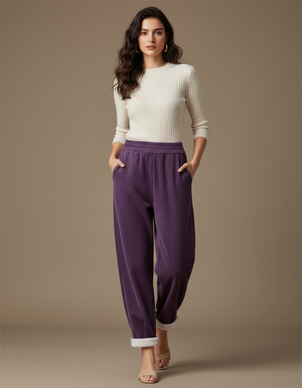 Pantalon Velours Violet Ample Doublé Polaire Décontracté