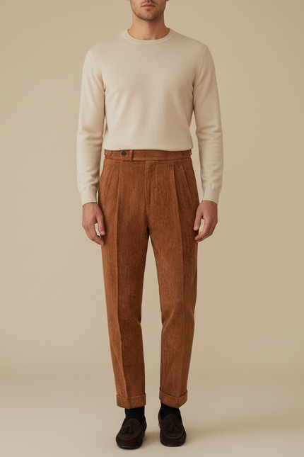 Pantalon Velours Côtelé Marron Plissé Homme Élégant - Cordé