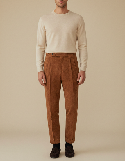 Pantalon Velours Côtelé Marron Plissé Homme Élégant - Cordé