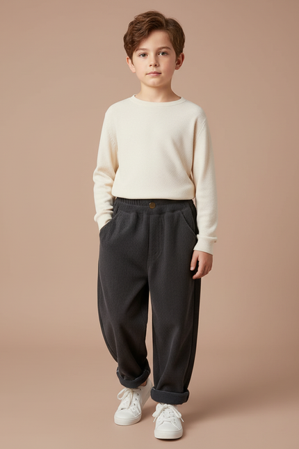 Pantalon Velours Côtelé Gris Ample Décontracté Enfant - Cordé