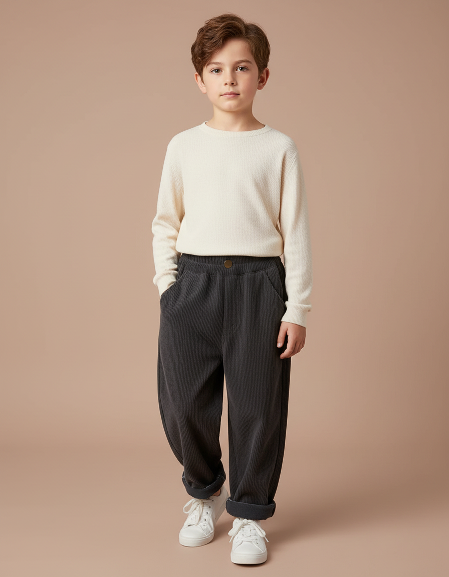 Pantalon Velours Côtelé Gris Ample Décontracté Enfant - Cordé