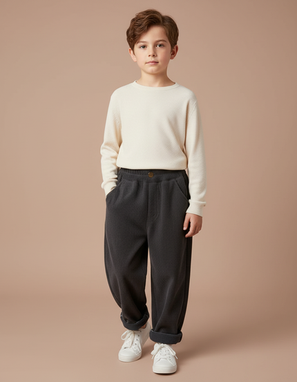 Pantalon Velours Côtelé Gris Ample Décontracté Enfant - Cordé